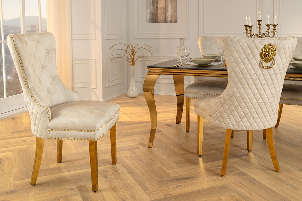 Barock Stuhl CASTLE DELUXE beige Samt gold Edelstahl mit Löwenkopf Ziernieten