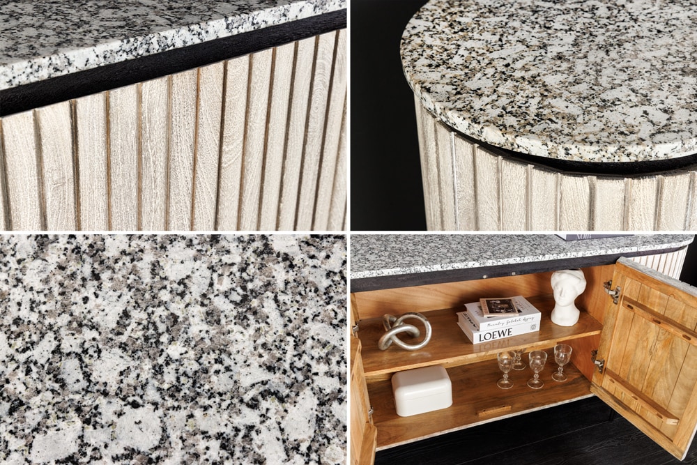 Massives Sideboard ADLON 170cm grau gebürstet Mangoholz mit weißer Marmorplatte
