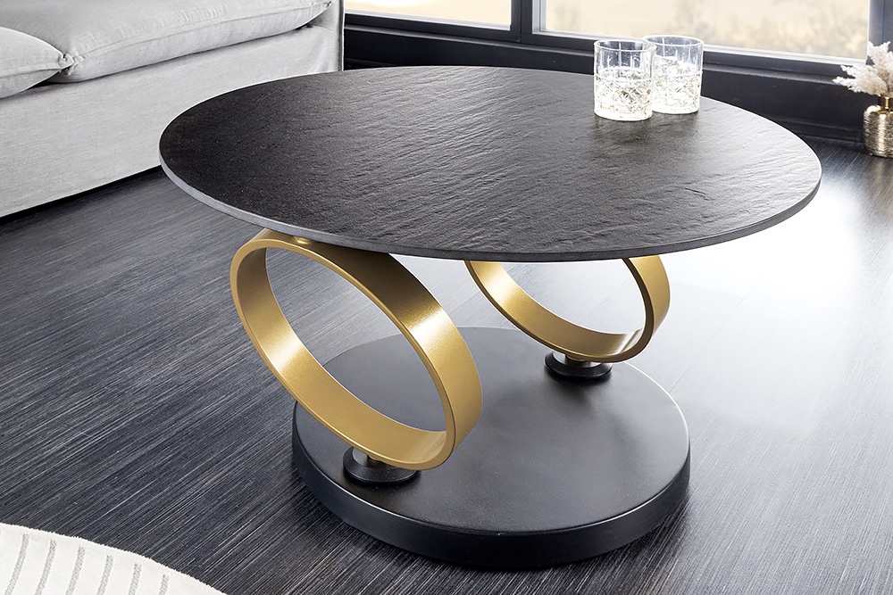 Design Couchtisch DANCING RINGS schwarz rund drehbar Pandora Keramik schwarz Metall