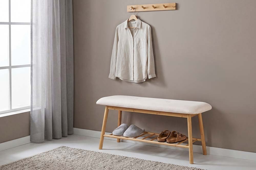 Stilvolle Schuhbank ZEN-BO 90cm natur beige Bambus Regal Sitzbank mit Stauraum