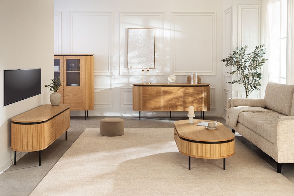 Modernes Sideboard ATELIER 160cm natur Eiche schwarz Metall vier Fächer