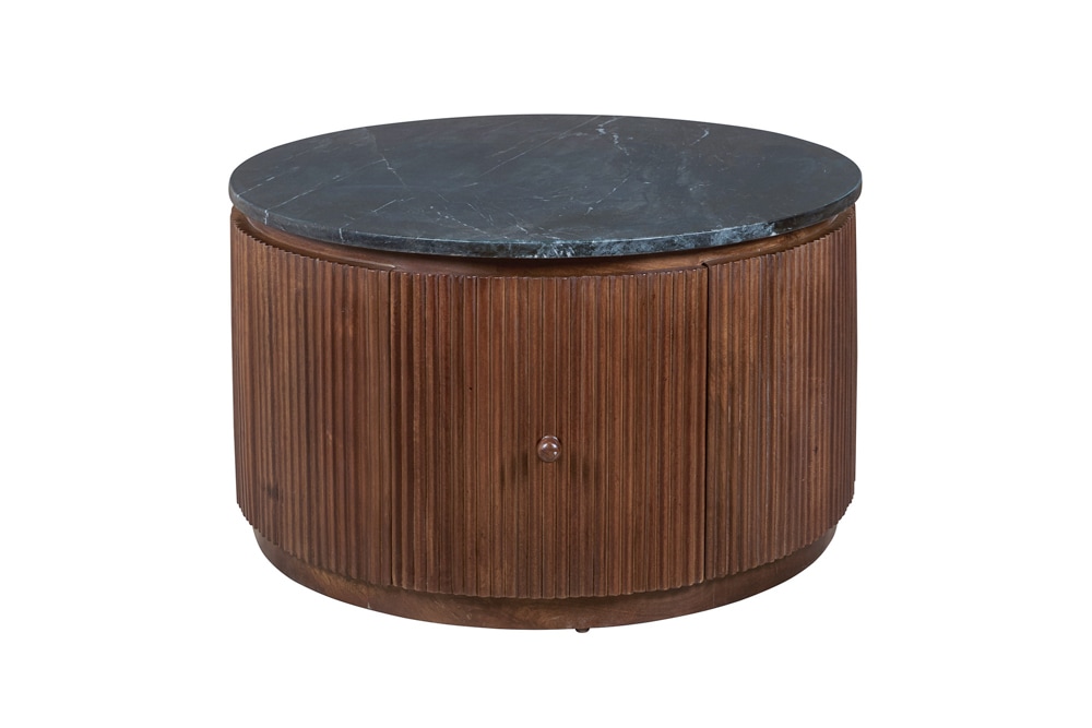 Runder Couchtisch COFFEE TABLE GATSBY 70cm braun schwarz Mangoholz Marmor Schublade