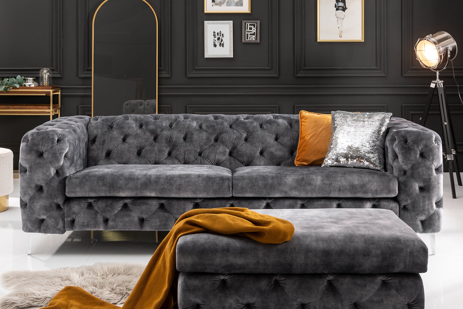 Chesterfield 3-Sitzer Sofa MODERN BAROCK 235cm dunkelgrau Samt Federkern Metallfüße