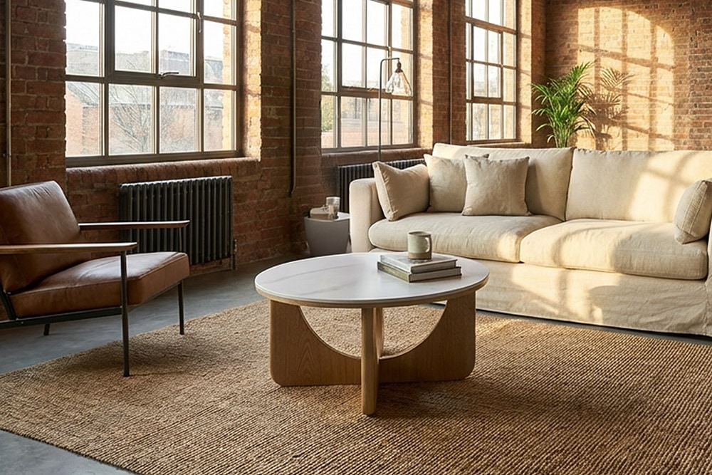 Runder Couchtisch ENSO 80cm weiß Marmor Keramik Eichenholz