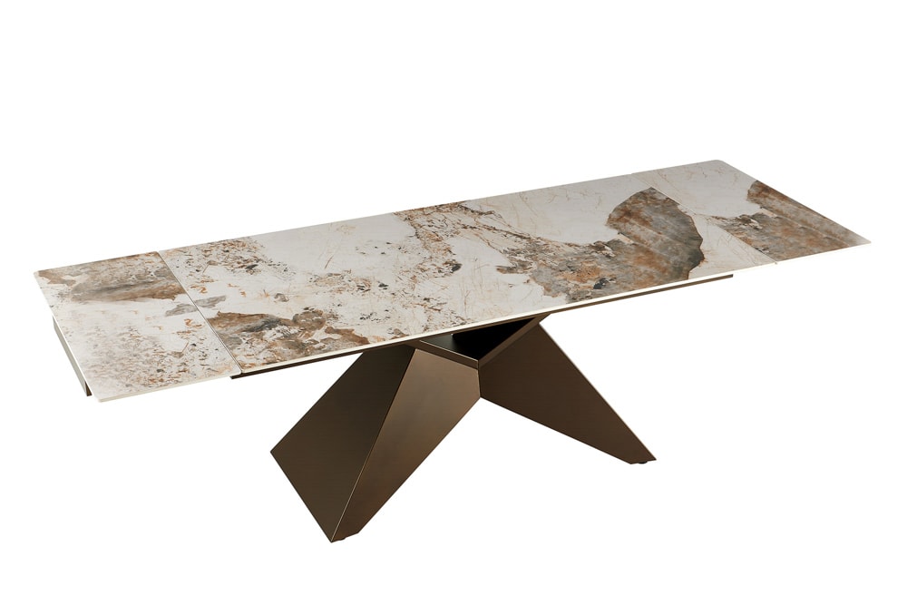 Design Esstisch DIAMOND 180-260cm weiß braun Pandora Keramik Metallgestell bronze