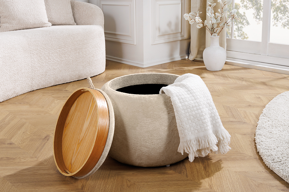 Runder Couchtisch ORBIT 50cm champagner-greige Bouclé Hocker mit Tablett und Stauraum