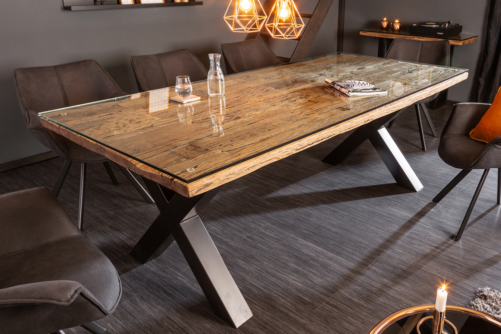 Massivholz Esstisch BARRACUDA 220cm natur Teak schwarz Metall X-Gestell inkl. Glasplatte