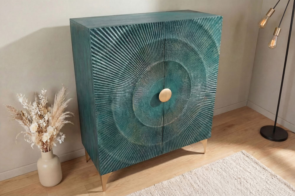 Massives Highboard GOLDEN SUNSET 120cm türkis gold Mangoholz mit 3D Schnitzereien