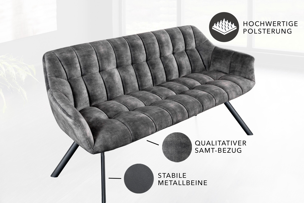 Esszimmer Sitzbank PAPILLON 165cm grau Samt mit Rückenlehne schwarzes Metallgestell