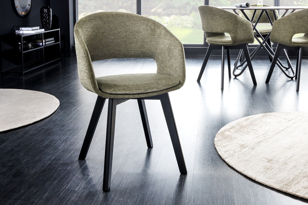 Design Stuhl NORDIC STAR grün Strukturstoff Massivholz schwarz mit Armlehne gepolstert