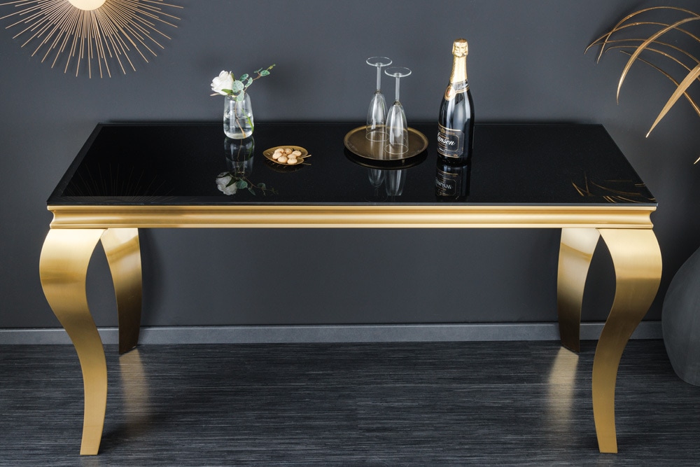 Eleganter Konsolentisch MODERN BAROCK 145cm schwarz gold Opalglas Edelstahlbeine