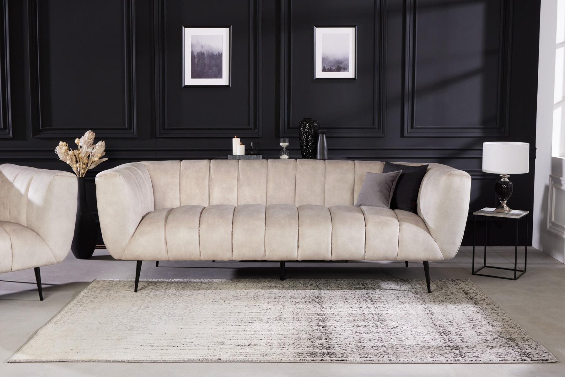 Design 3-Sitzer Sofa NOBLESSE 225cm champagner beige Samt 3-Sitzer Federkern schwarze Metallfüße