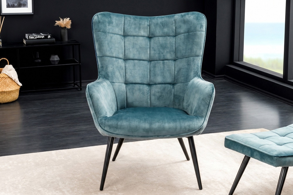 Bequemer Sessel SCANDINAVIA petrol Samt schwarze Metallbeine mit Armlehne