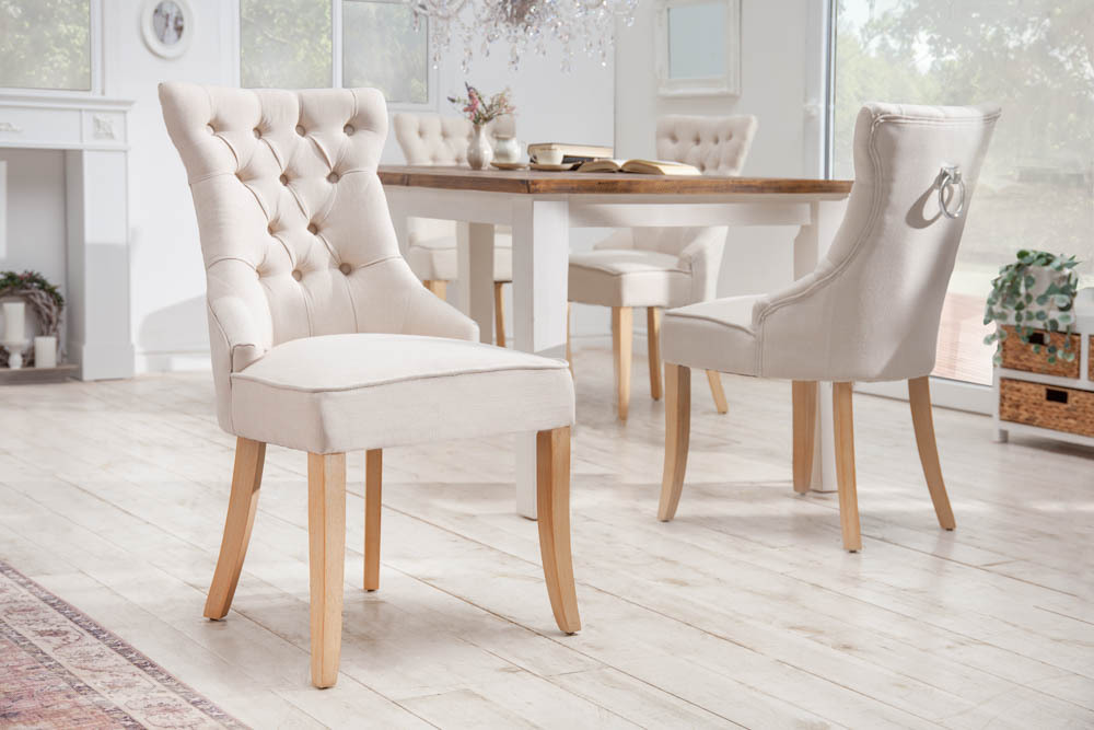 Eleganter Stuhl CASTLE beige Leinenstoff Landhausstil mit Komfortgriff