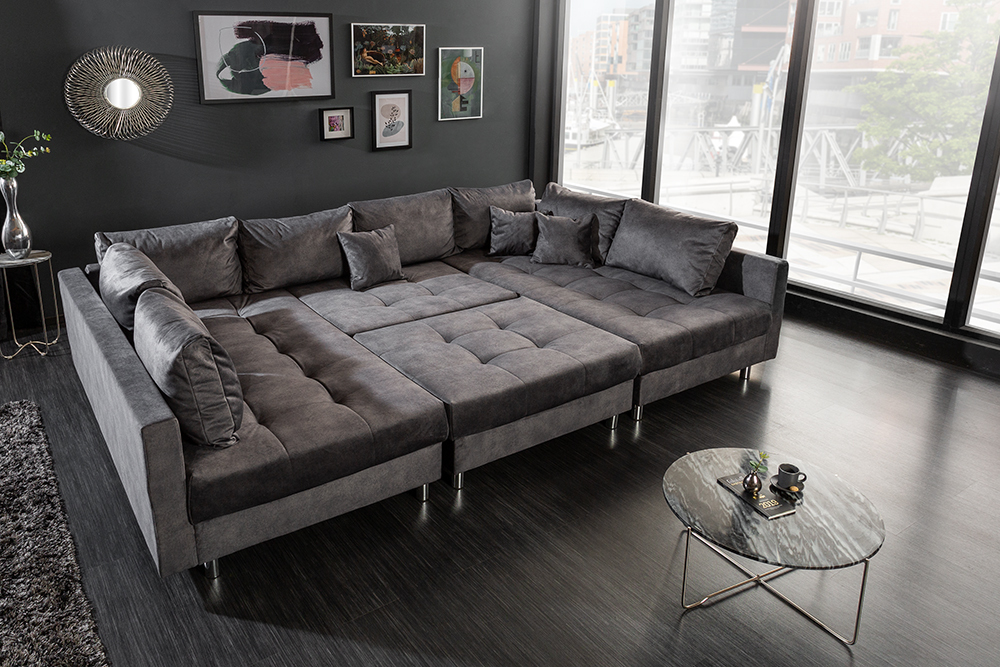 Moderne XXL Wohnlandschaft KENT 305cm grau Samt Bigsofa inkl. Hocker Federkern