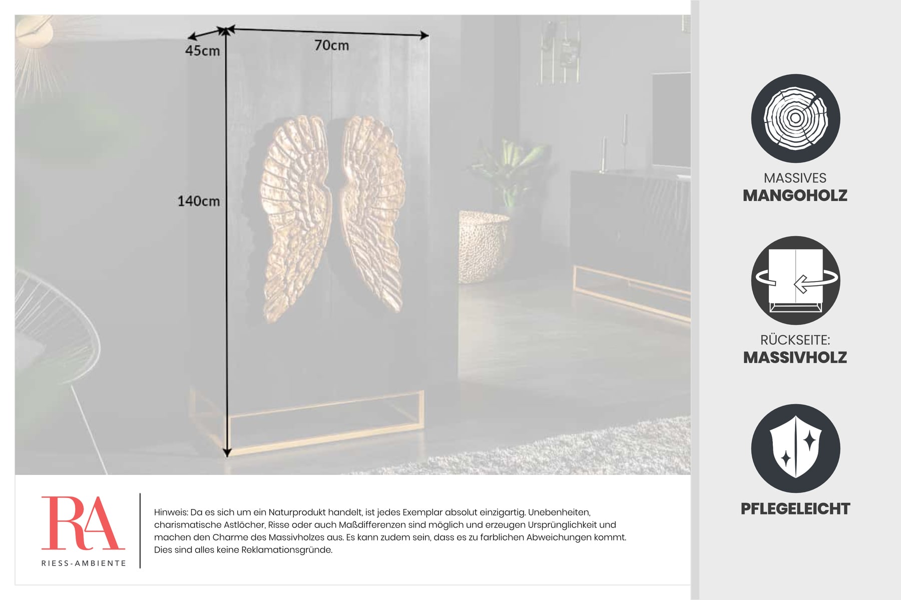 Extravagantes Highboard ANGEL 140cm schwarz Mangoholz mit goldenen Flügeln
