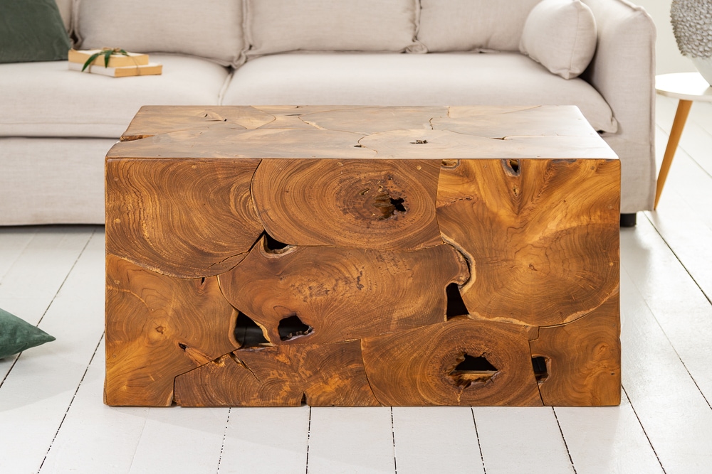 Massiver Couchtisch SQUARE 90cm Teakholz Würfel Handarbeit