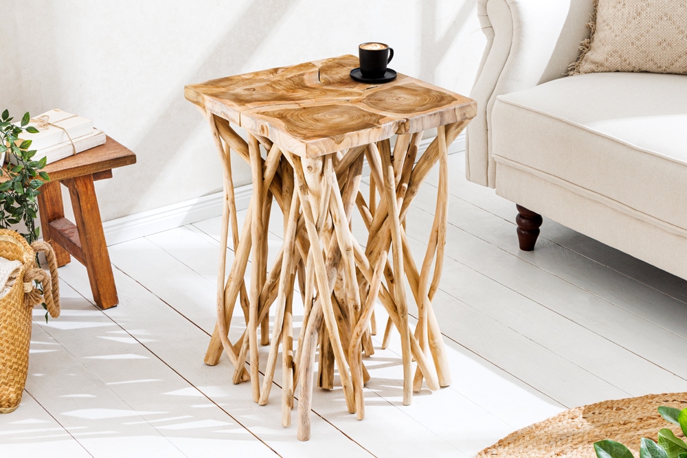 Massivholz Beistelltisch DRIFTWOOD 60cm natur Teak viereckig im Stelzen-Design