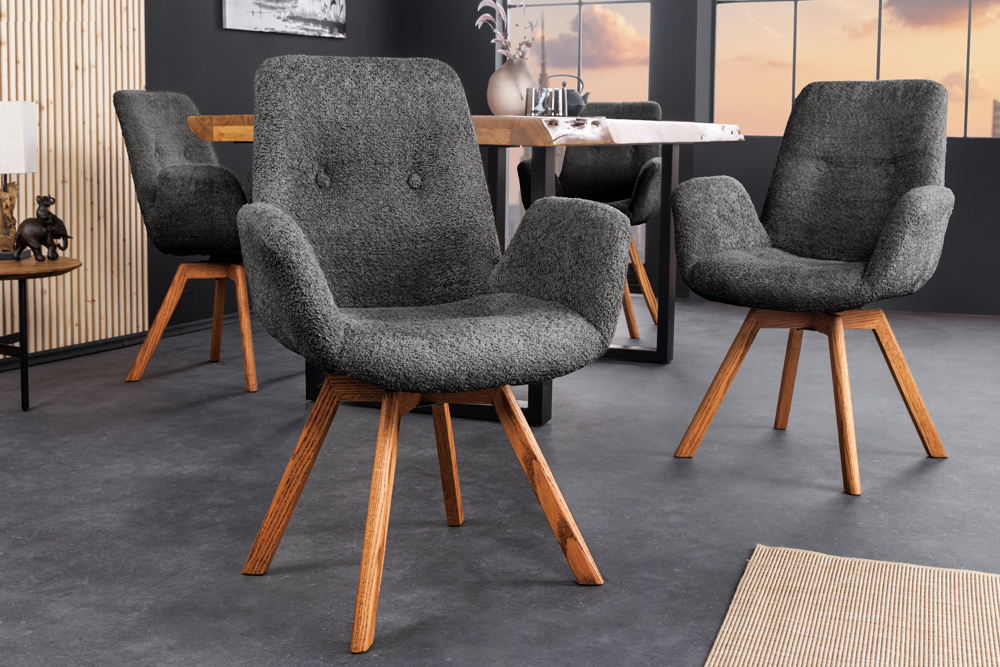 Drehbarer Design Stuhl BALTIC dunkelgrau Bouclé natur Eiche Massivholz mit Armlehne