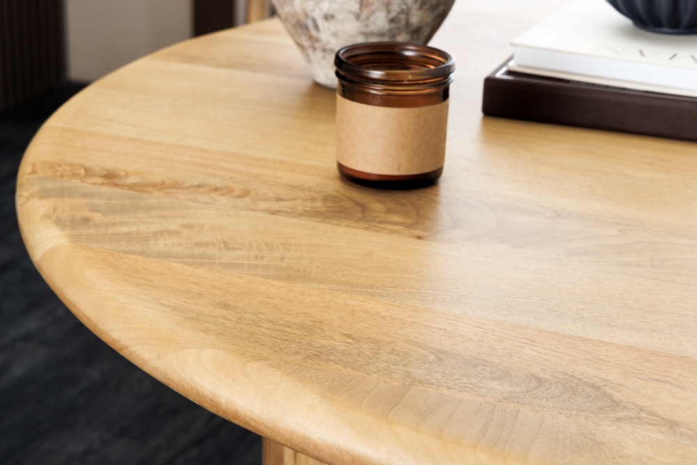 Runder Esstisch ARTE 120cm kaschmir beige finish Mangoholz massiv mit markantem Gestell
