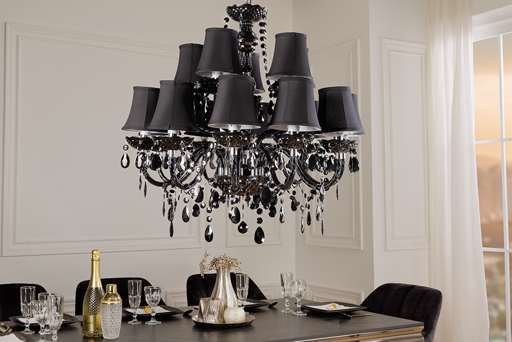Design Kronleuchter BLACK CRYSTAL XL 80cm schwarz Acryl 15-armig Lüster mit Schirmen