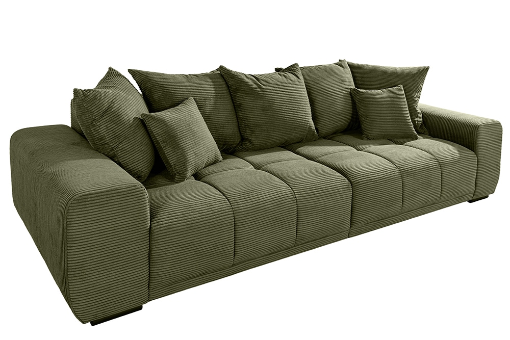 Modernes XXL Sofa ELEGANCIA 285cm grün Cord Federkern inklusive Kissen Bigsofa