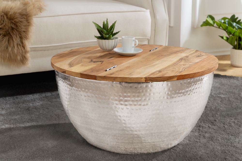 Runder Couchtisch ORIENT STORAGE 60cm silber Akazienholz mit Stauraum Hammerschlag handmade