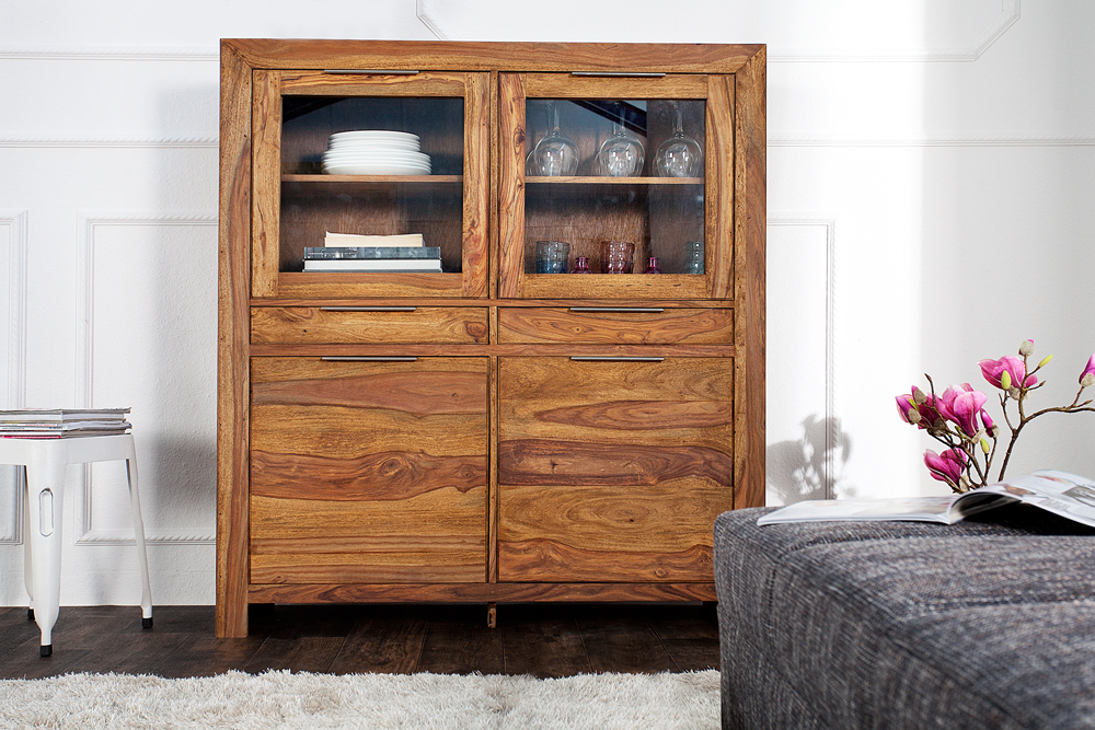 Massives Highboard PURE 140cm braun Sheesham stone finish Vitrine Palisander