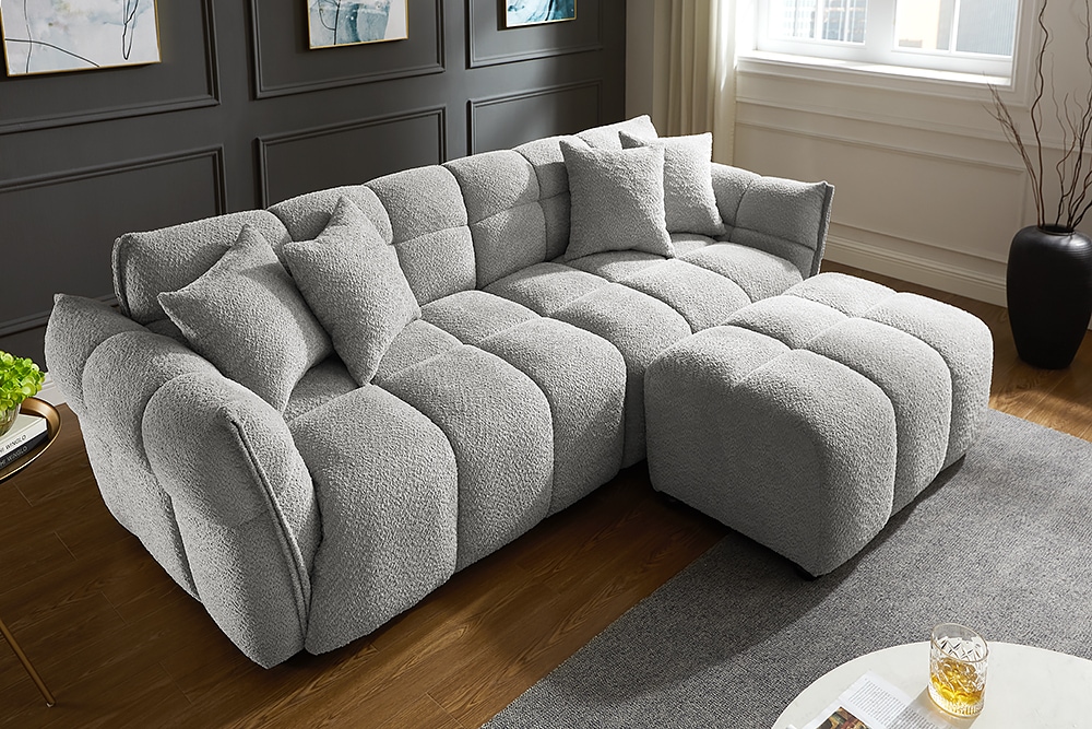 Moderner Hocker CLOUD 100cm grau Bouclé Federkern Fußhocker Sitzhocker