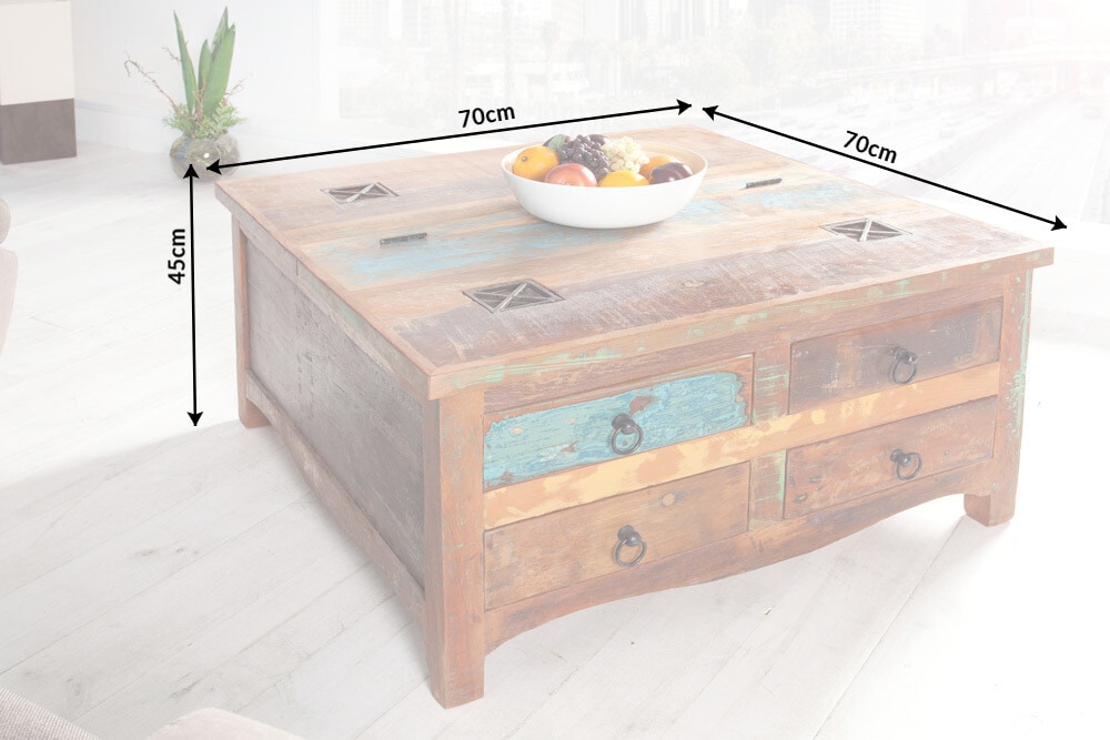 Massiver Couchtisch JAKARTA 70cm bunt Truhe aus recycelten Fischerbooten Holz mit Schubladen
