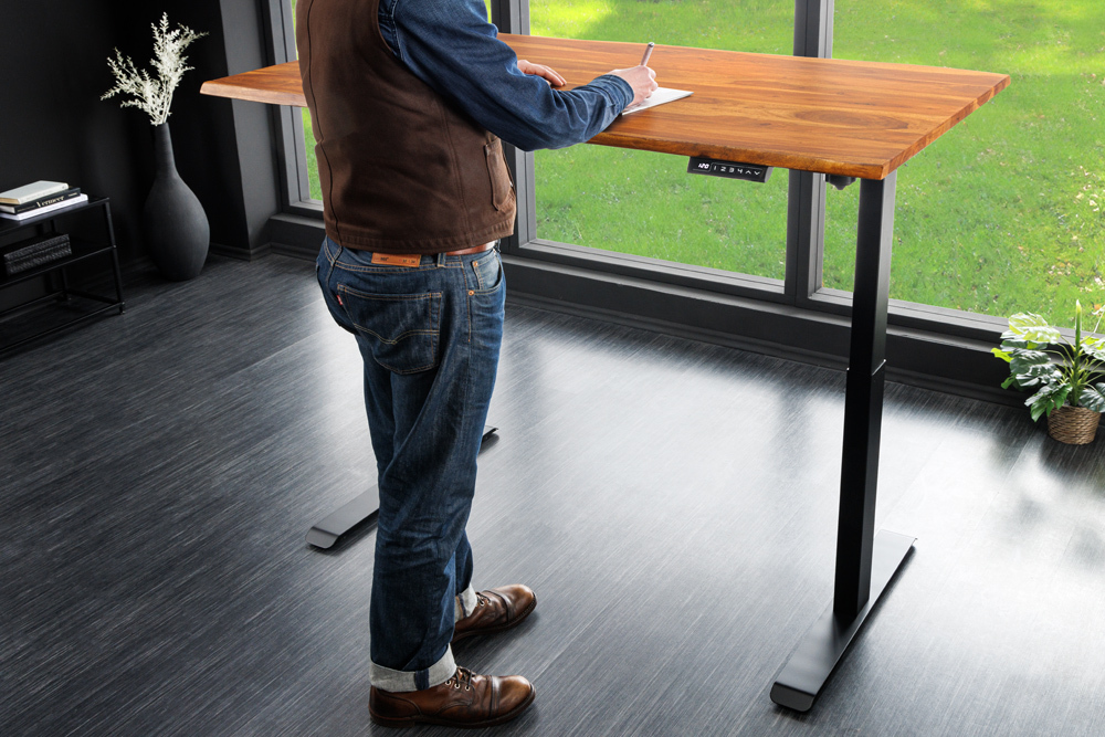 Höhenverstellbarer Schreibtisch MAMMUT 140cm braun Sheesham Massivholz stone finish