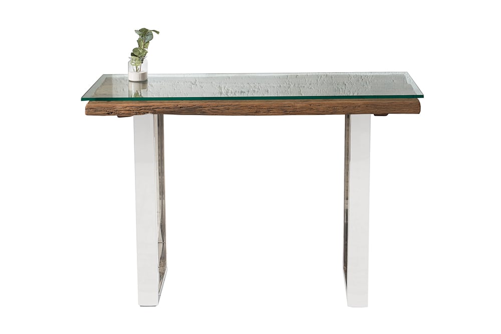Massive Konsole BARRACUDA 120cm Teak mit Stahl Kufenfüßen inkl. Glasplatte