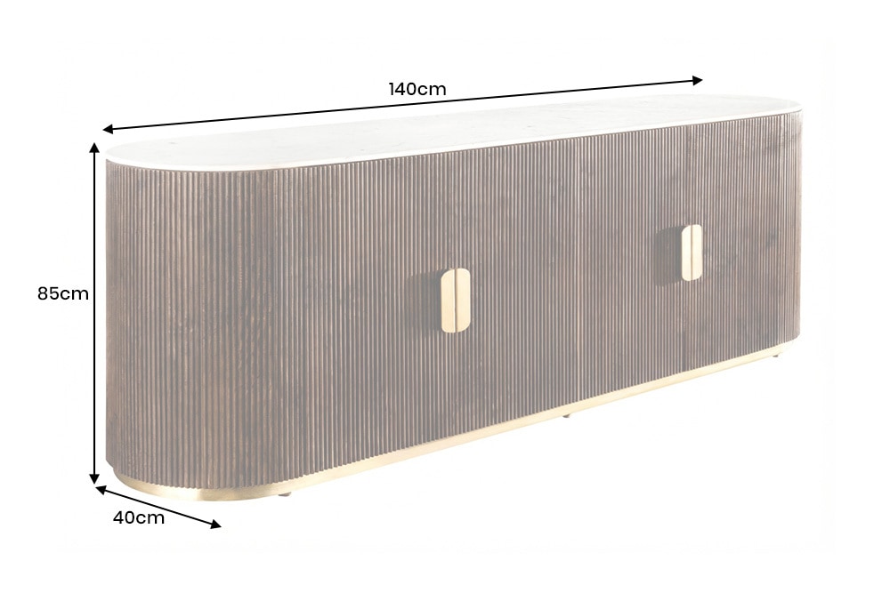 Massives Sideboard GATSBY 140cm braun Mangoholz gold Metall weiße Marmorplatte
