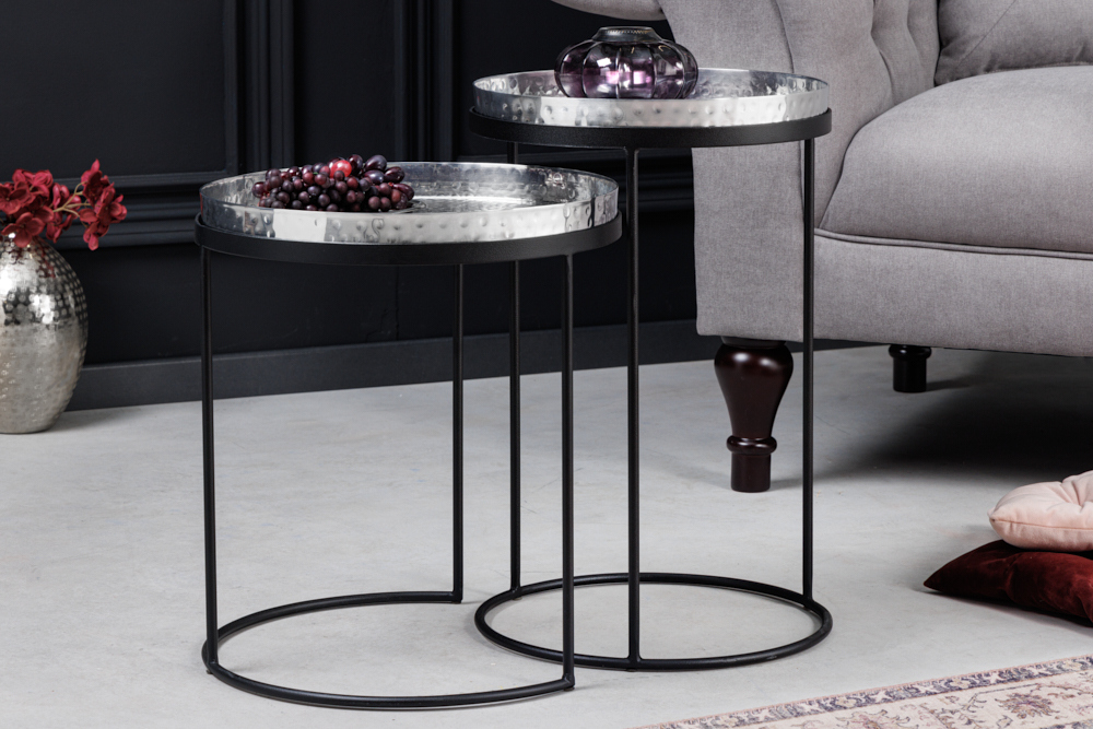 Design 2er Set Beistelltisch ELEMENTS 55cm silber Hammerschlag handmade rund