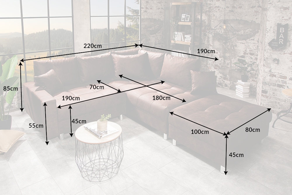 Modernes Ecksofa KENT 220cm braun Federkern Wohnlandschaft inkl. Hocker und Kissen