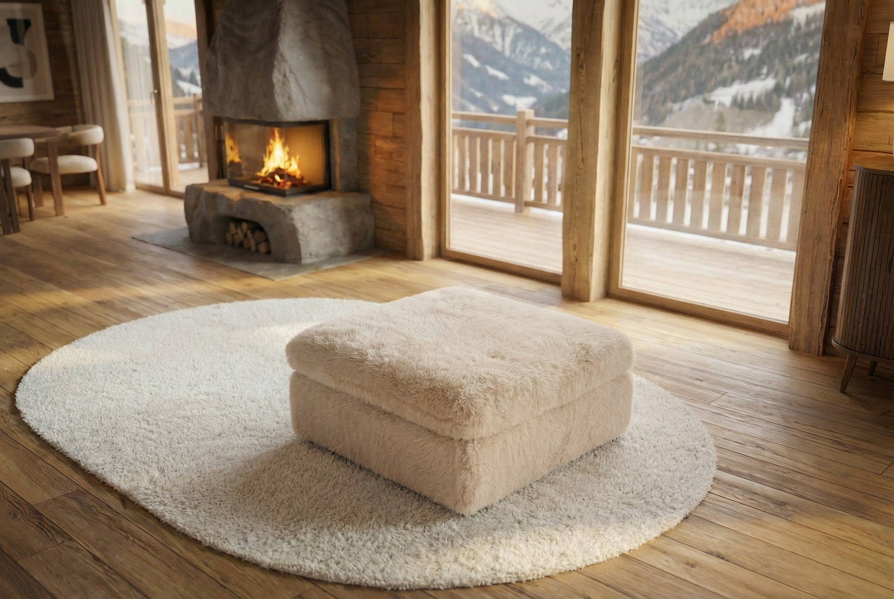 Großer Sitzhocker YETI 100cm beige sand Shaggy-Stoff langfloriger Plüsch Sofahocker
