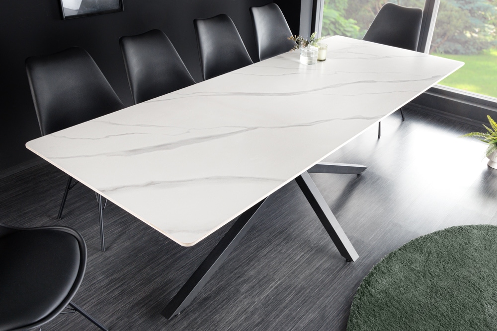 Moderner Esstisch GALAXIE 160cm weiß Keramik Marmor-Design glänzend Metallgestell schwarz » Jetzt kaufen