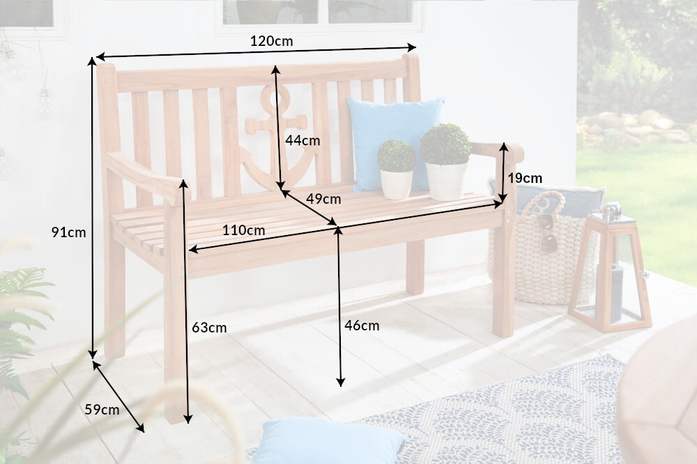 Massive Gartenbank EMPIRE TEAK 120cm Teakholz mit Ankerdesign