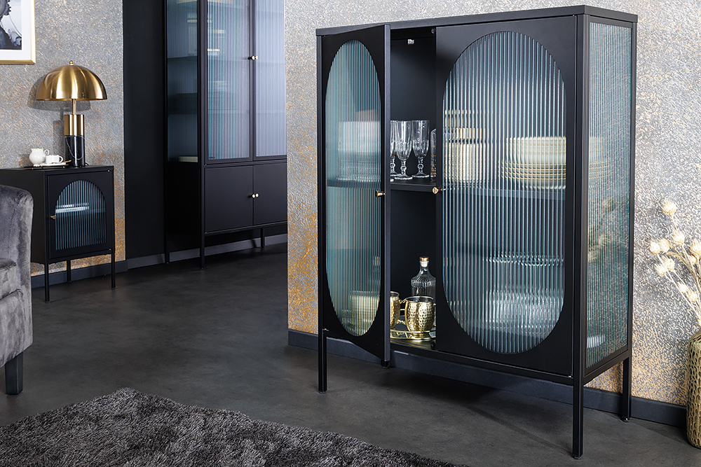 Moderne Vitrine PARIS 110cm schwarz gold Riffelglas Metall Sideboard Schrank Moderne Vitrine PARIS 110cm schwarz gold Riffelglas Metall Sideboard Schrank