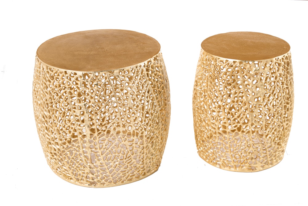 2er Set Filigraner Design Couchtisch ABSTRACT LEAF gold Handarbeit Metall rund