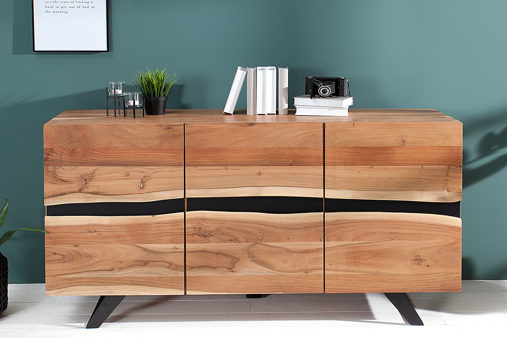 Massivholz Sideboard AMAZONAS 150cm Akazie natur Metall schwarz Baumkante