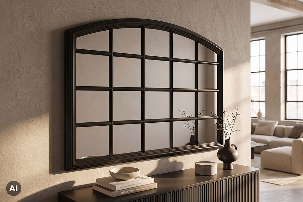 Moderner Wandspiegel PARIS 120cm schwarz Fensterspiegel Rundbogen-Design