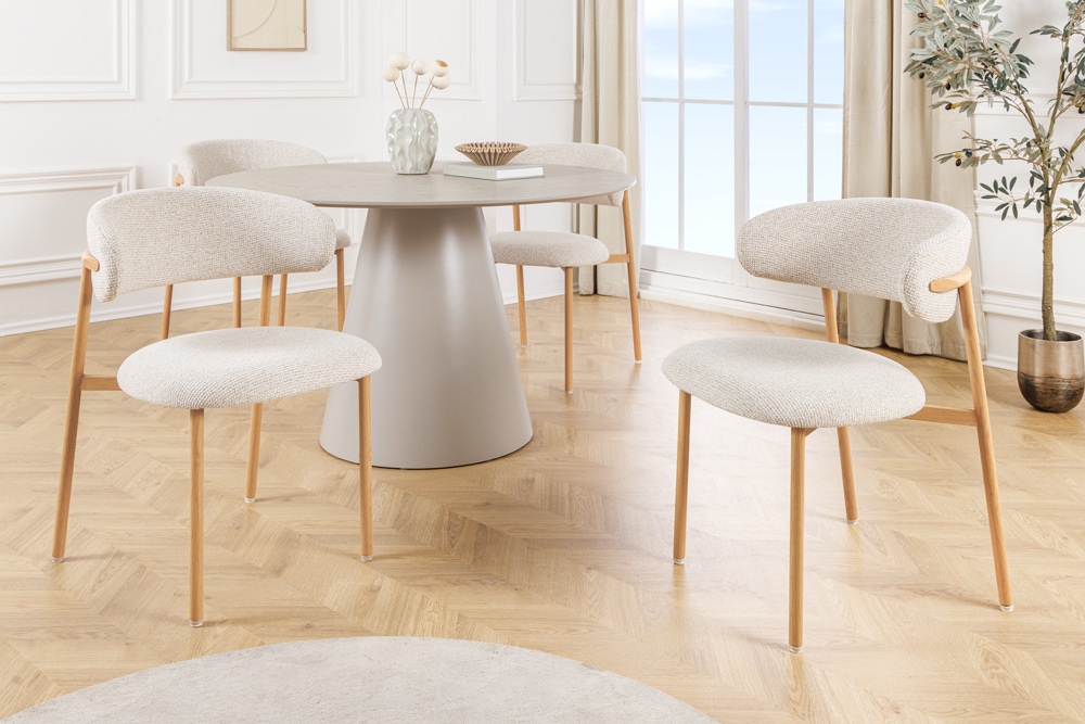 Design Stuhl BELFORT beige Strukturstoff Metallgestell Eiche