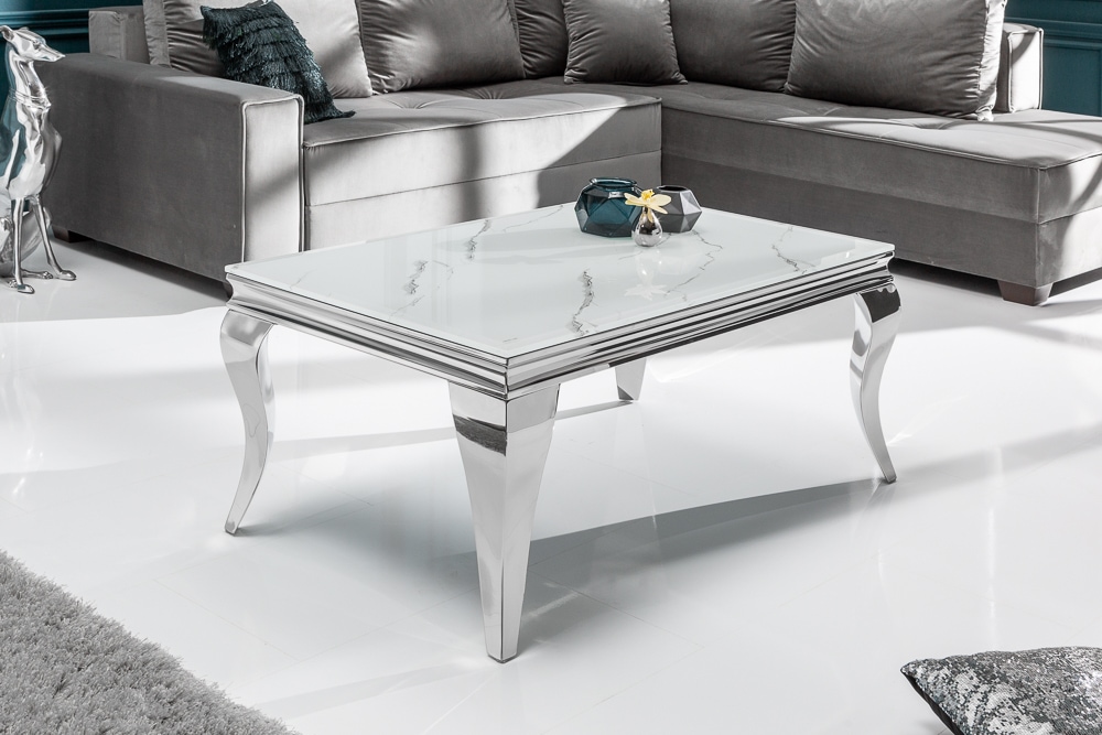 Eleganter Couchtisch MODERN BAROCK 100cm Glasplatte in Marmoroptik Edelstahlbeine