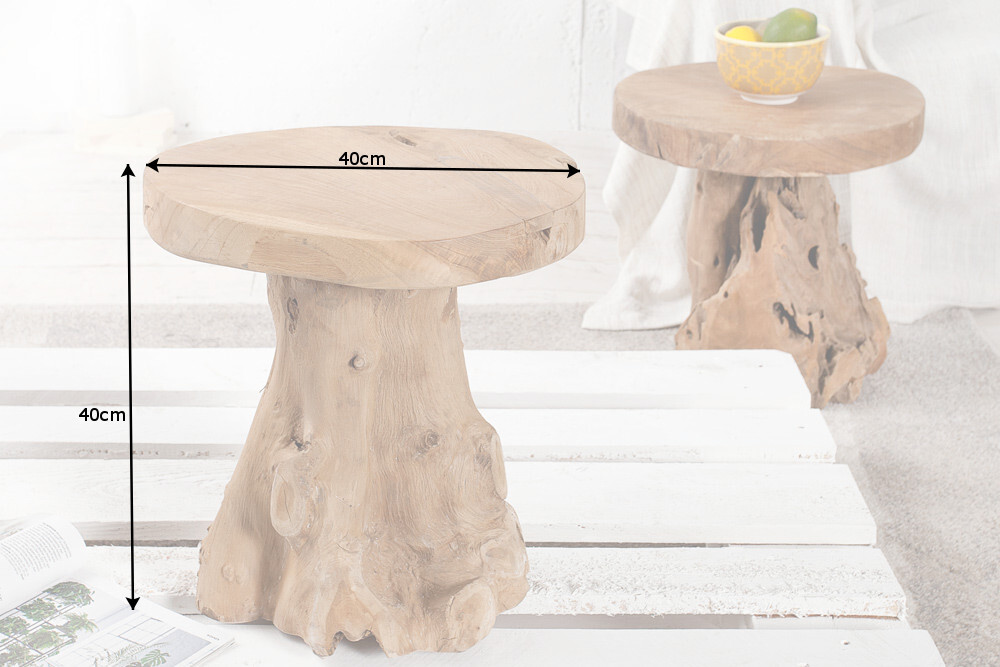 Massiver Beistelltisch ROOT 40cm Teakholz Hocker aus Wurzelholz