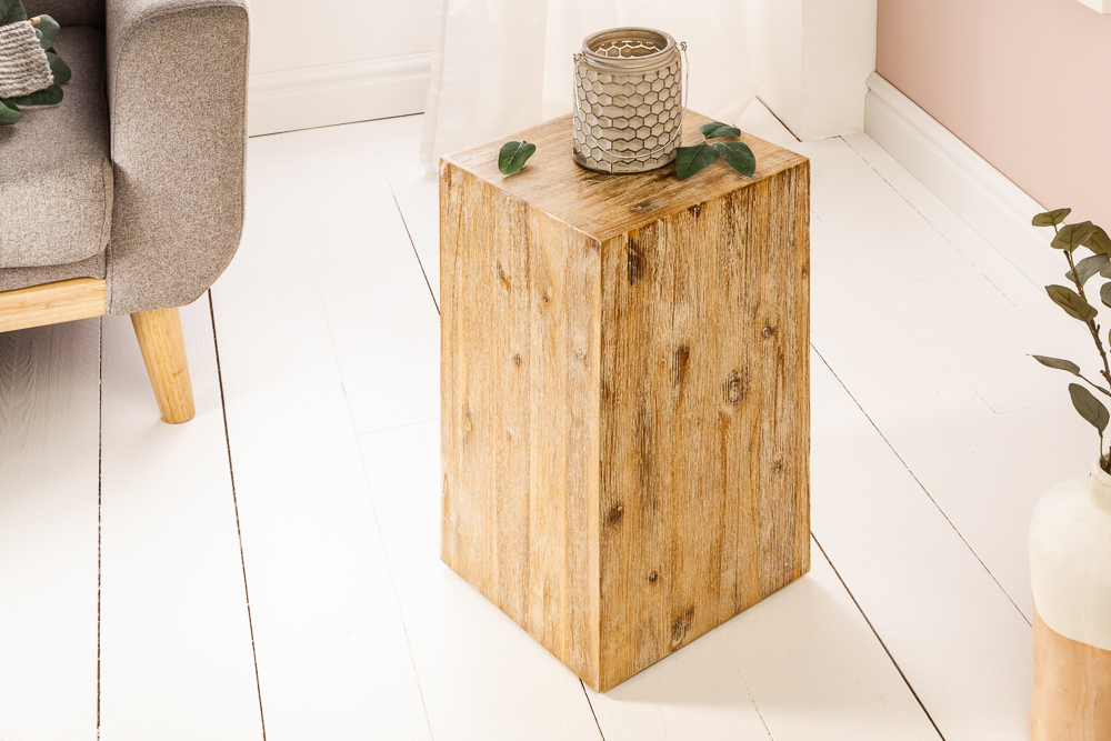 Massivholz Dekosäule COLUMNA 50cm Akazie teak-grau gekälkt Beistelltisch