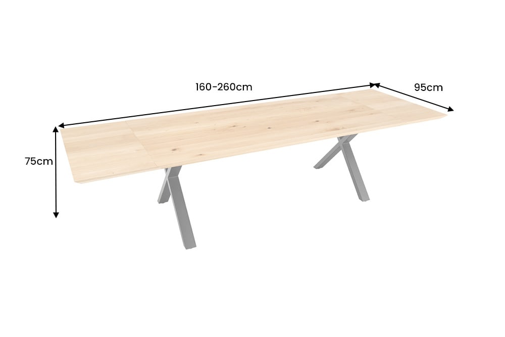 Verlängerbarer Esstisch WILD OAK 160-260cm natur Wildeiche Schweizer Kante X-Gestell