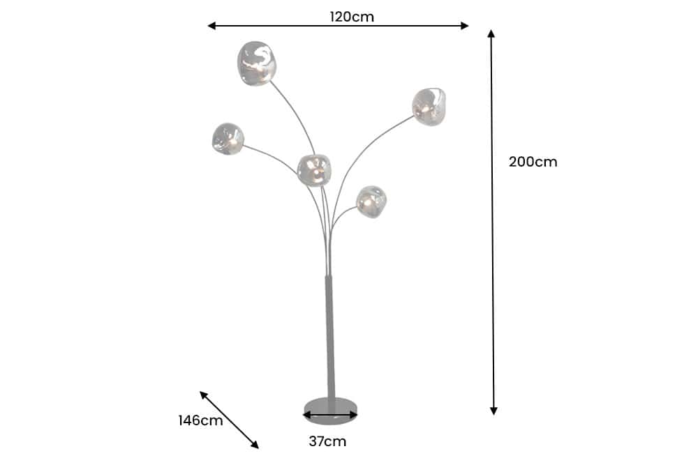 Design Stehlampe LIQUID DIAMOND 200cm schwarz smoke grau fünf Glasschirme mit Marmorfuß
