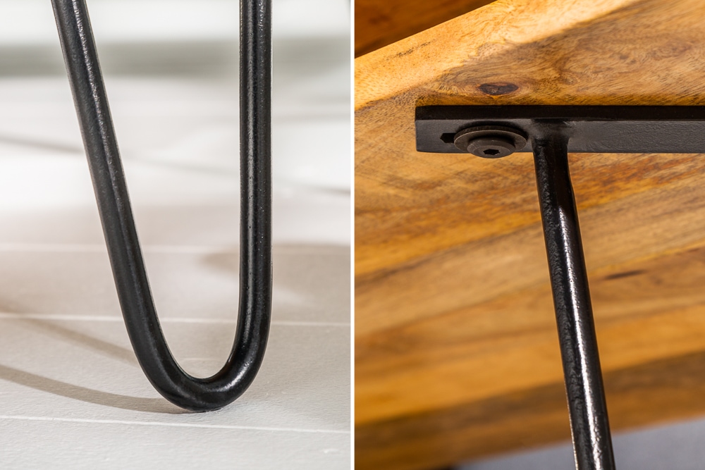 Massiver Couchtisch SCORPION 100cm natur Mangoholz Metall Hairpin Legs mit Ablage
