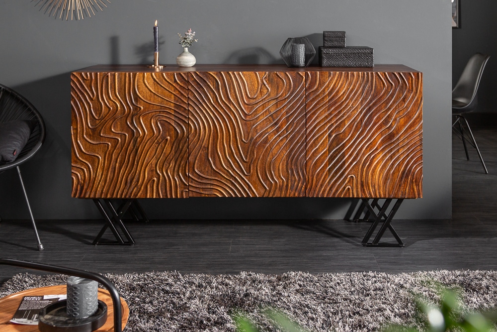 Handgearbeitetes Sideboard FLUID 160cm Mangoholz mit aufwendigen 3D Schnitzereien